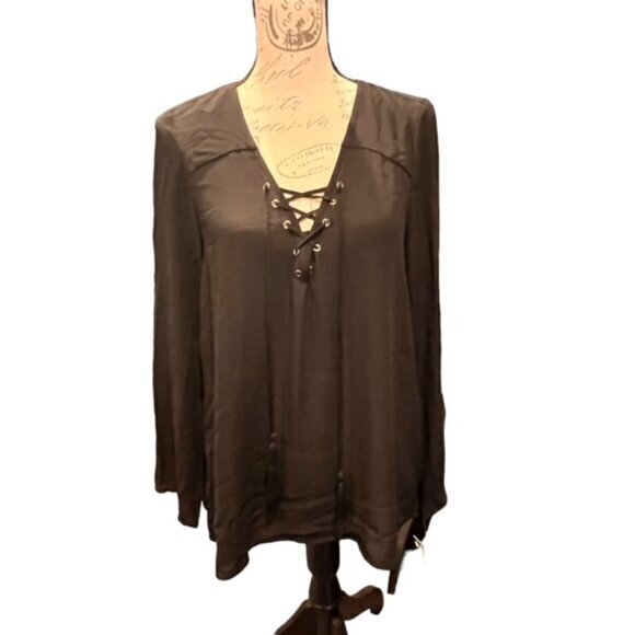 NWT Zac & Rachel Black Long Sleeve Blouse Size Small Lace Up Neckline Sheer Flow - Picture 2 of 15